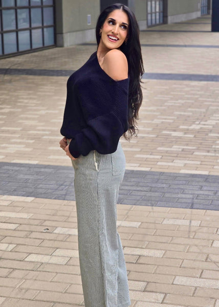 Fireside Casual Off The Shoulder Black Waffle Knit Top