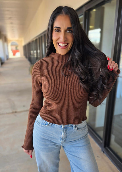 Wherever You Go Mock Neck Fitted Sweater - Chocolate Brown