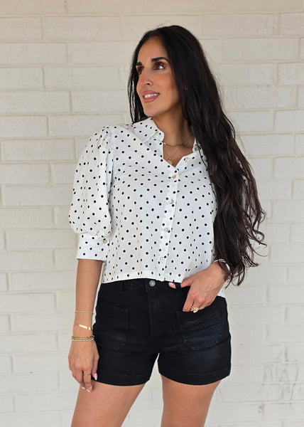 Perfectly Polkadot Top Bk/White Button Up Top
