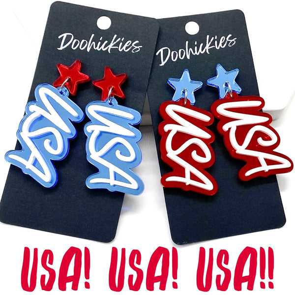 USA Acrylic Dangles- Mirror Light Blue Star & Red USA