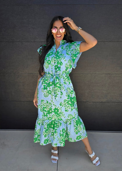 Social Setting Blue & Green Floral Maxi Dress