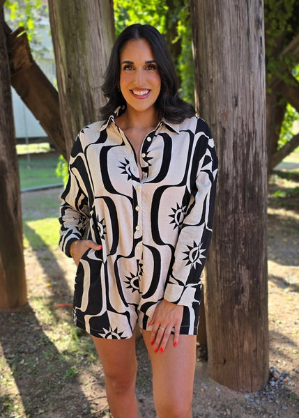 Suns Out Black & Beige Button Up Romper