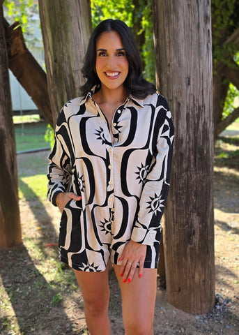 Suns Out Black & Beige Button Up Romper