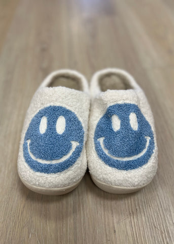 Smile Fuzzy Slippers - White/Blue Smiley