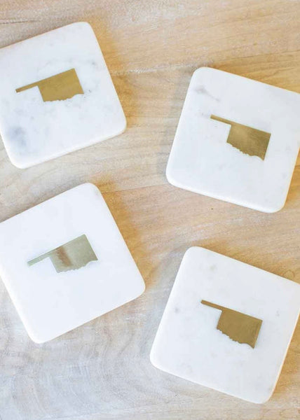 Oklahoma Marble Coasters   White/Brass   4x4 Set of 4