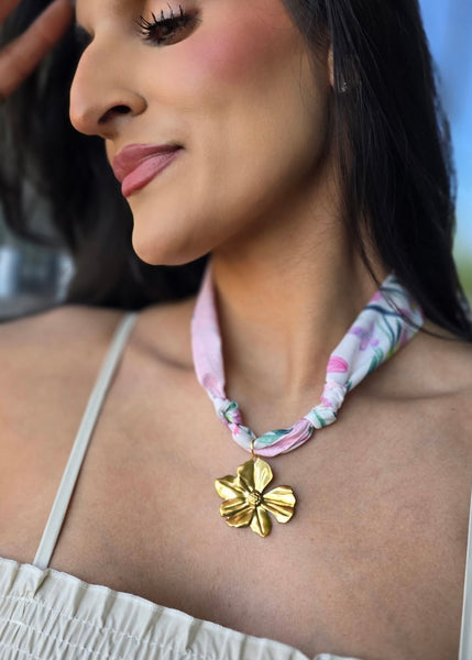 Pink Floral Scarf Necklace w/ Gold Flower Charm