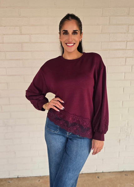 Wine & Dine Lace Trimmed Long Sleeve Top