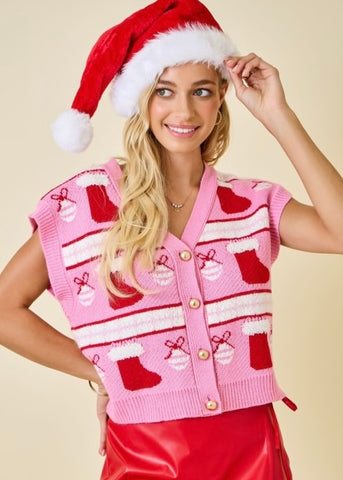 Pink Motive Christmas Patterned Sweater Vest