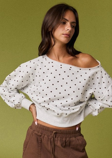 From The Past White & Taupe Polka Dot Off The Shoulder Sweatshirt Top