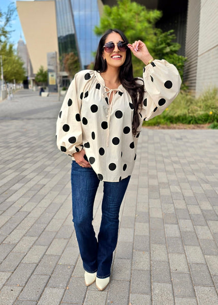 Exaggerated Polka Dot Balloon Sleeve Top