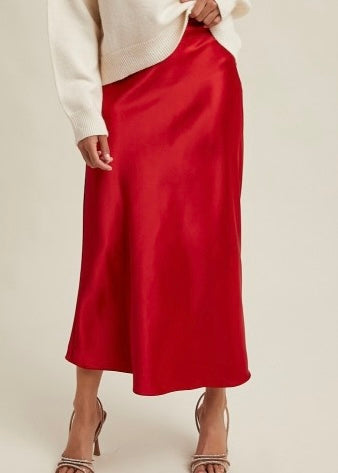 All In Spirit Red Satin Midi Skirt
