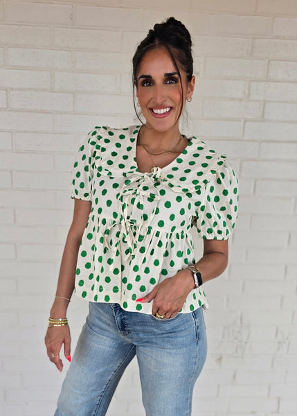 The Only One Green Polka Dot Front Tie Top