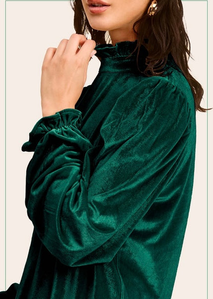 Under The Mistletoe Green Velvet Puff Sleeve Top