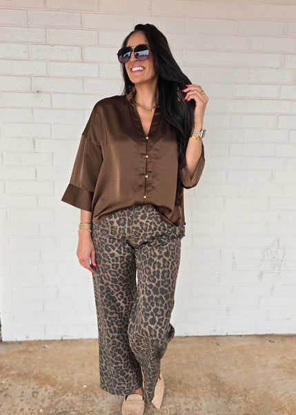 Makes Sense Brown Gold Button Up Blouse