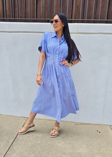 Right On Time Blue Striped Midi Dress