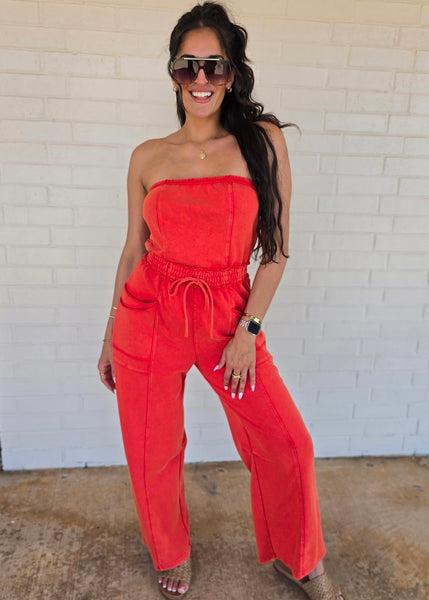 No Exposure Red Strapless Jumpsuit