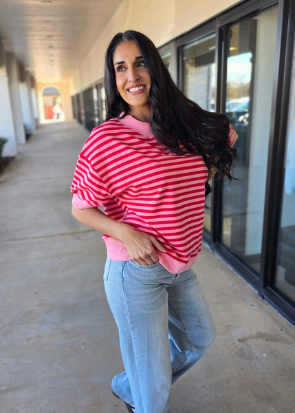 To Be Happy Pink/Red Striped Short Sleeve Top