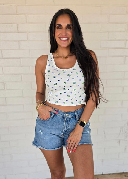 Ditsy Blueberry White Tank Top