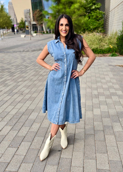 Favorite Find Sleeveless Denim Midi Dress