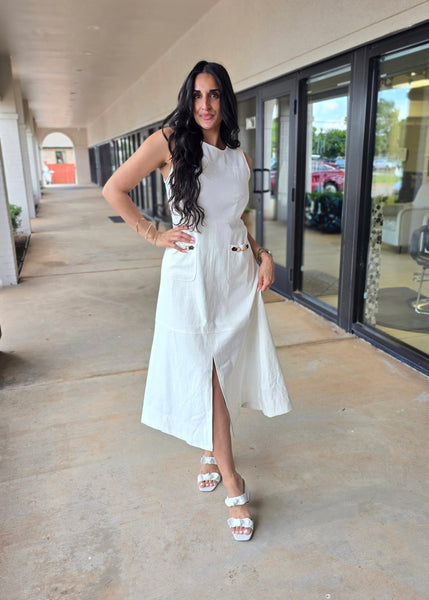 Standing Strong White Sleeveless Denim Midi Dress