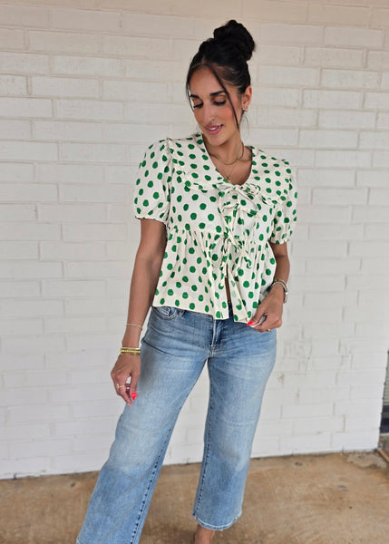 The Only One Green Polka Dot Front Tie Top