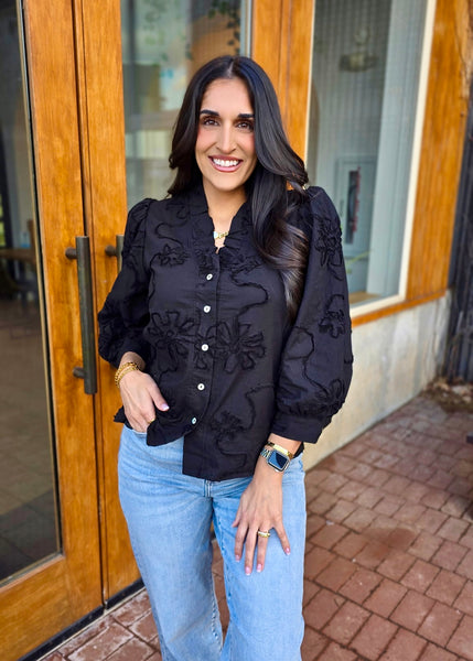 Beauty Mark Black Patterned Button Up Top