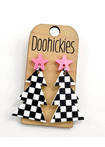 Metallic Pink Star w/ Black & White Checkered Acrylic Christmas Tree Earrings