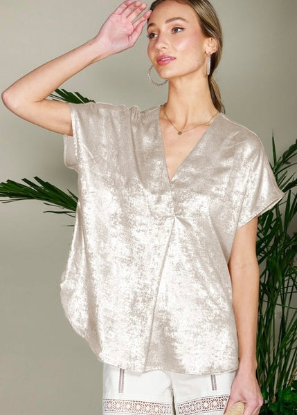 Champagne Kisses  V Neck Metallic Top