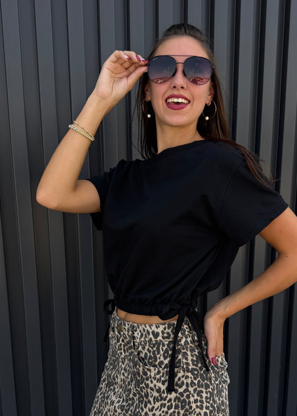 Here For A Purpose Black Tie Waist Top