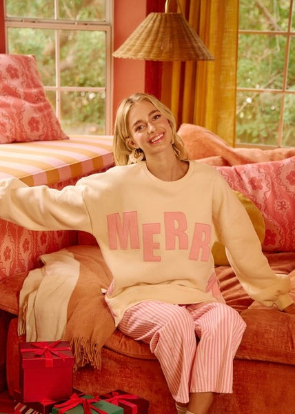 Merry Side Bow Christmas Sweatshirt - Cream/Pink