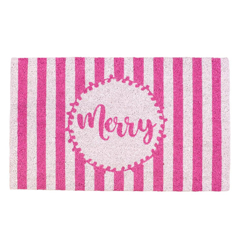 Merry Script Stripe Doormat   Pink/White  18x30