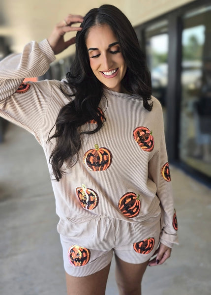 Halloween Sequin Pumpkin Corded Two Piece Shorts Set
