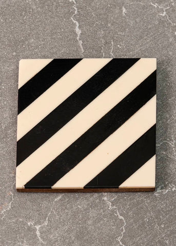 Striped Black & White Wood Coaster