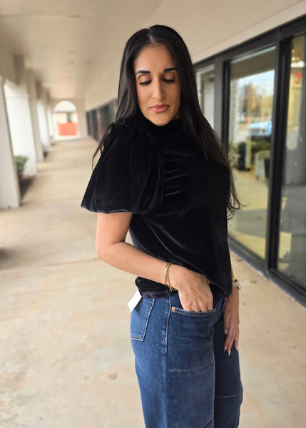 Dinner Plans Black Velvet Puff Sleeve Top