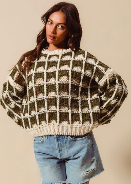 Enough Said Olive & Ivory Loose Fit Chunky Sweater