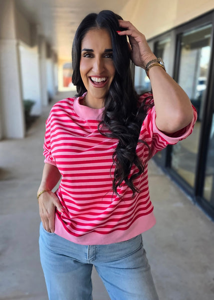 To Be Happy Pink/Red Striped Short Sleeve Top