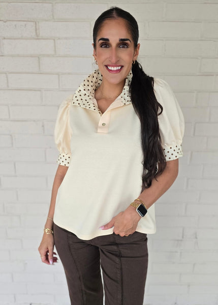 New Goals Cream Polka Dot Collared Top