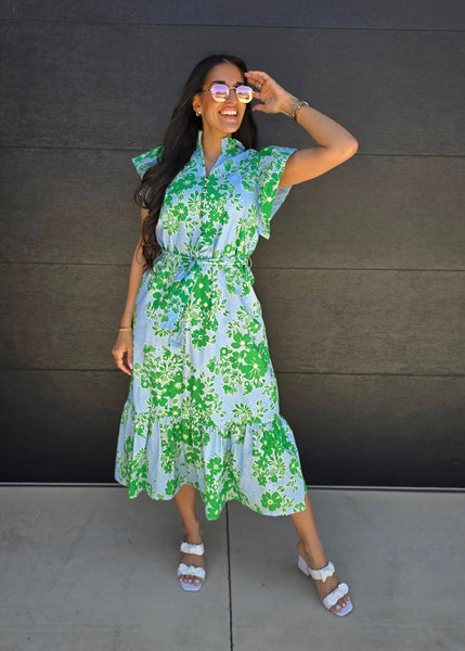 Social Setting Blue & Green Floral Maxi Dress