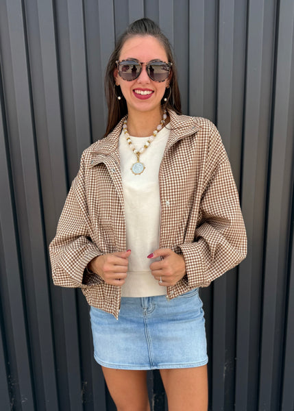 Checked In Long Sleeve Camel Checked Bomber Jacket