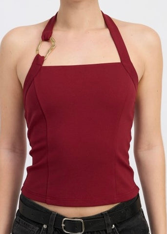 To Be Happy Burgundy Halter Top With Gold Accent