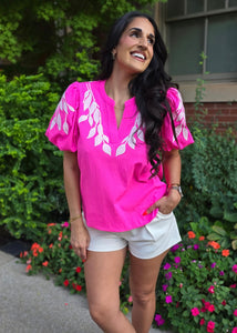 It Girl Hot Pink and White Embroidered Puff Sleeve Top