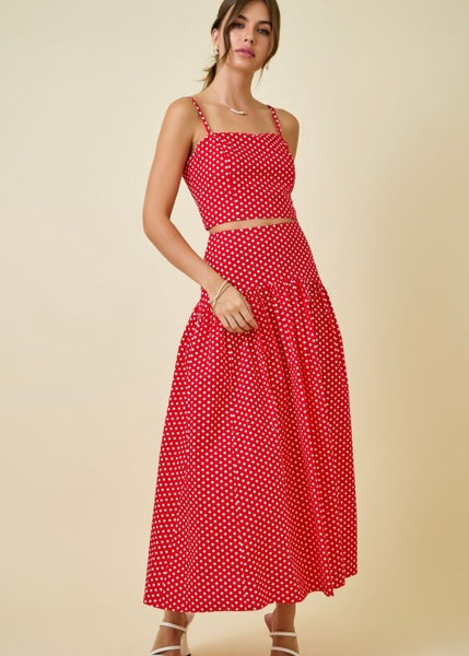 Rendezvous Red & White Polka 2 Pc Top & Midi Skirt Set