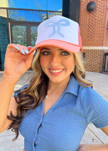 Bow Trucker Hat - Coral/Blue/White