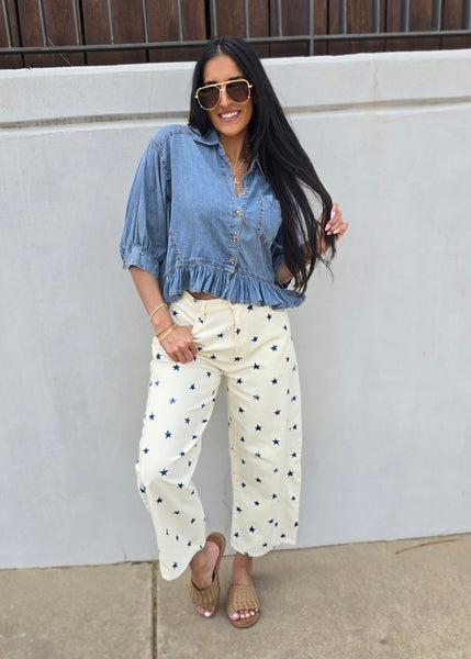 In Full Swing Button Up Denim Top