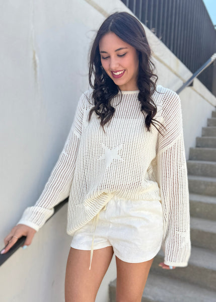 Show Time Ivory Star Crochet Sweater