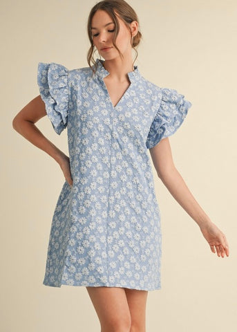 Plan To Stay Floral Embroidered Detail Blue Dress