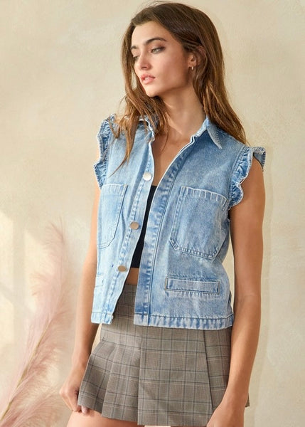 Ruffle Adorned Denim Vest