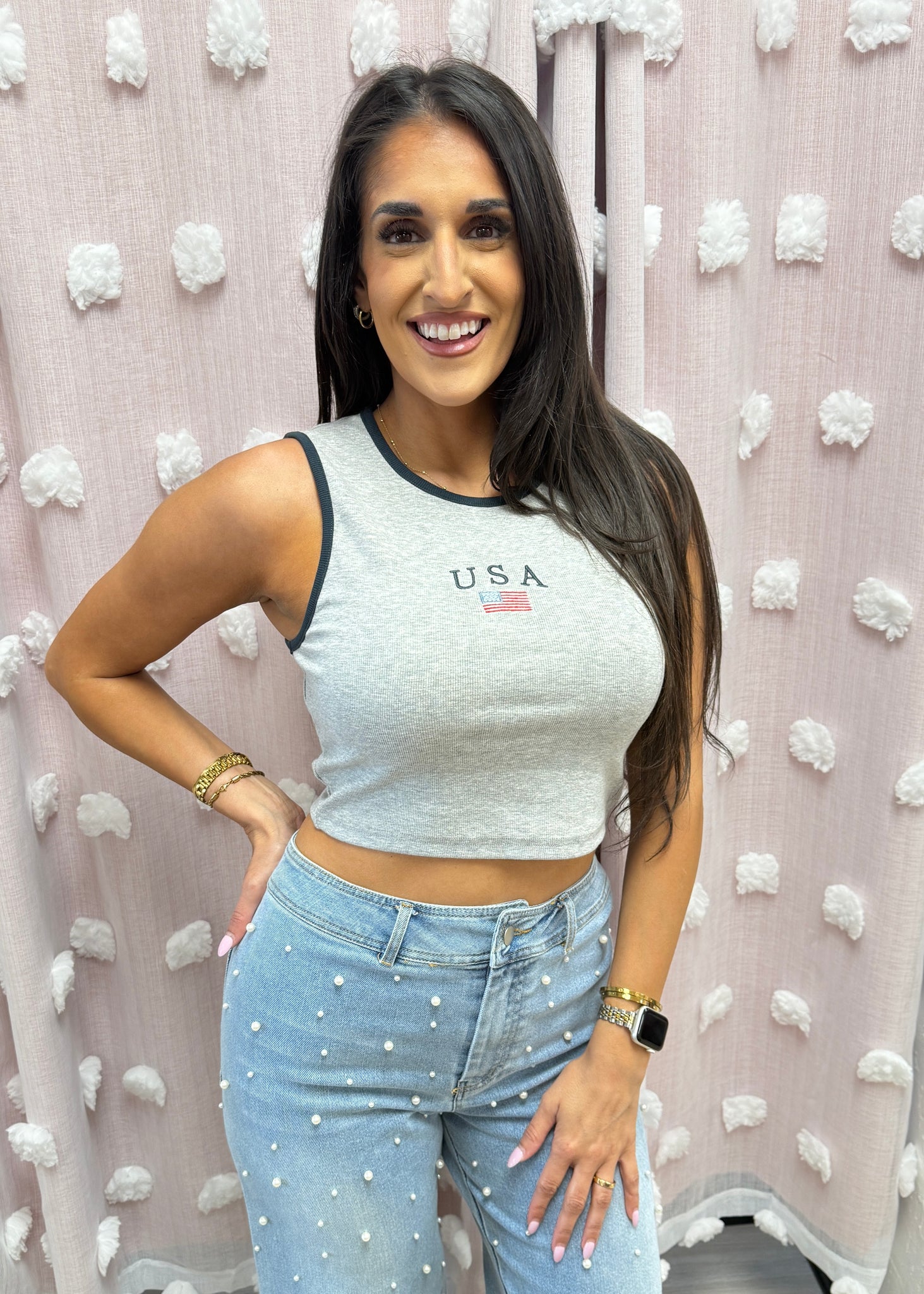"USA" Flag Grey Ribbed Crop Tank