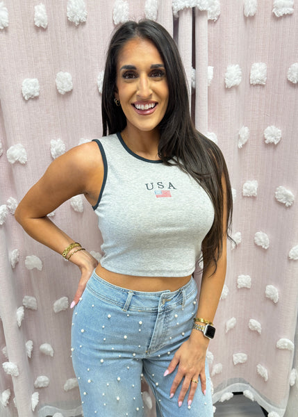 "USA" Flag Grey Ribbed Crop Tank