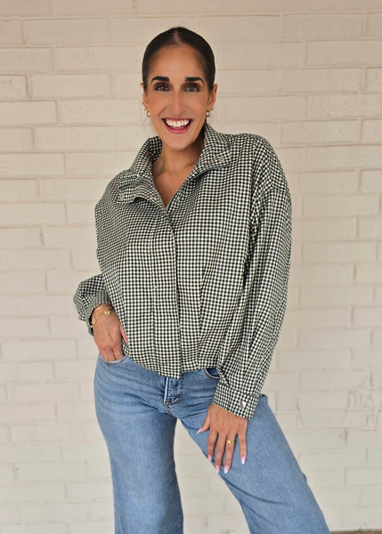 Checked In Long Sleeve Green Checked Bomber Jacket